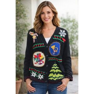 Gladys‎ Bagley Designer Ugly Christmas Embroidered Cardigan VTG Sweater M